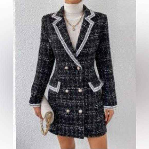 greathe Jackets & Blazers - Greathe Women's Black Tweed Double-Breasted Blazer Dress with White Trim, Size S